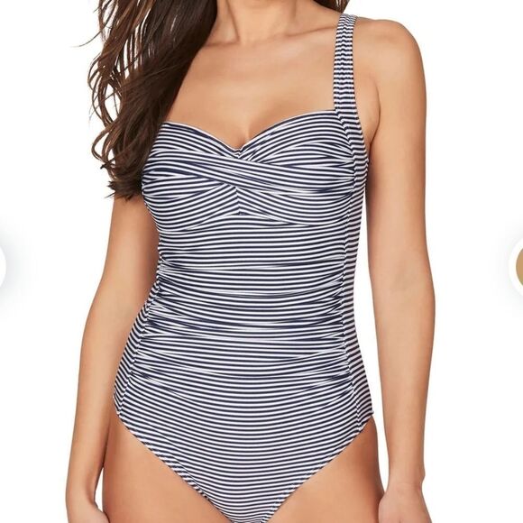 Nip Tuck Women's Navy Sorrento Stripe Joanne Twist Front Tummy-Control swimsuit - Picture 1 of 10